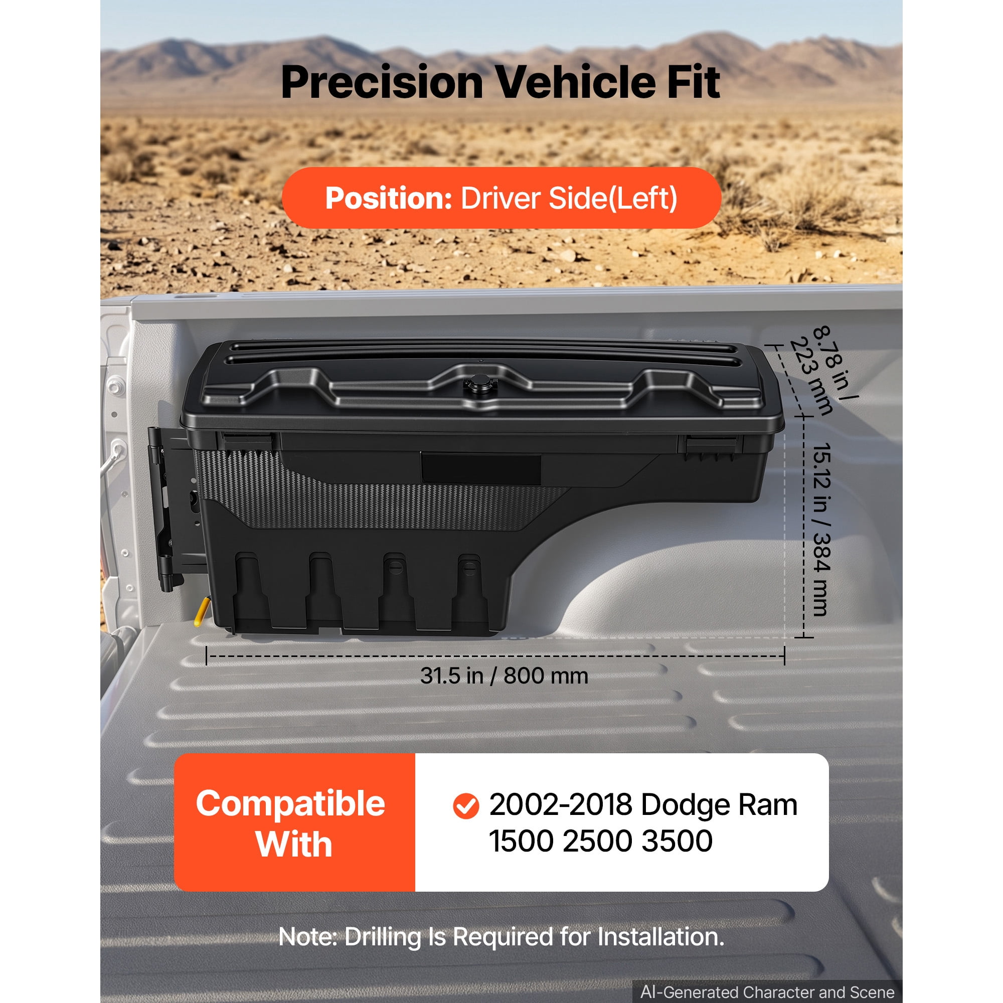 KFFKFF Truck Bed Storage Box, 6.6 Gal/25 L Waterproof ABS Wheel Well Tool Organizer with Combination Lock, Fits 2002-2018 Dodge Ram 1500 2500 3500, Driver Side Left (Drilling Needed)