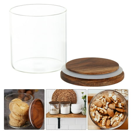 COSMOBETTY 1Pcs Storage Jar Round Glass With Wood Lid For Food Storage Containers Clear Canister With Lid 9.8x9.8x3.8in