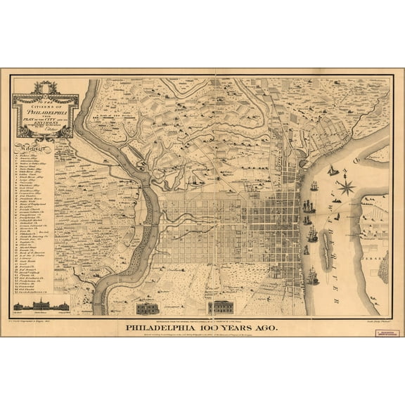24"x36" Gallery Poster, map of Philadelphia 100 years ago Pb1875