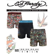 Ed Hardy Mens 3-Pack Performance Boxer Briefs, Active Stretch Dry Fit Print Boxers, Multicolor Male Underwear, Small