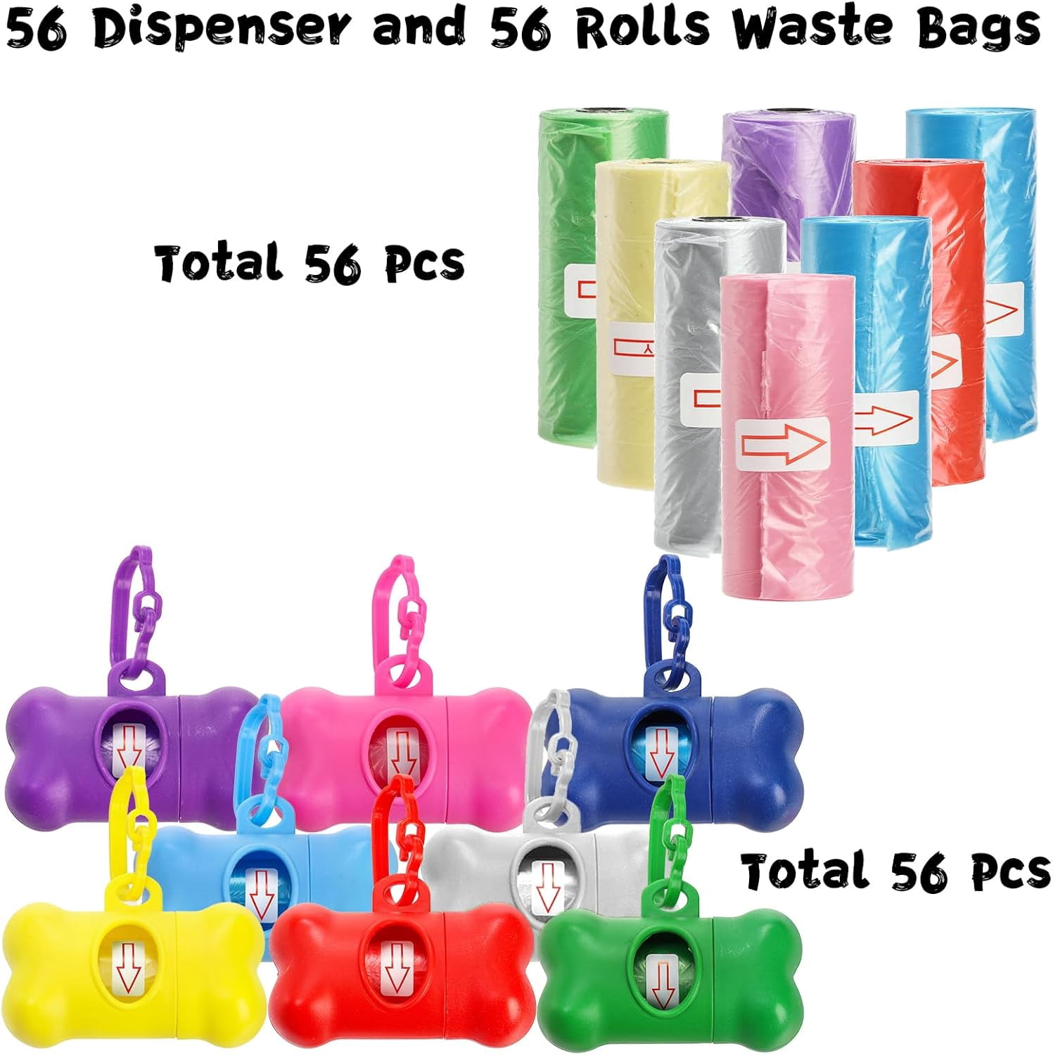 56 Pack Dog Poop Trash Bag Holder Dispenser Dog Poop Waste Bag Holder, Leak Proof, Dispenser Pet Waste Disposal Bag for Leash with Hook, PET Waste Bags for Walking Dogs Outdoor, Multiple Colors