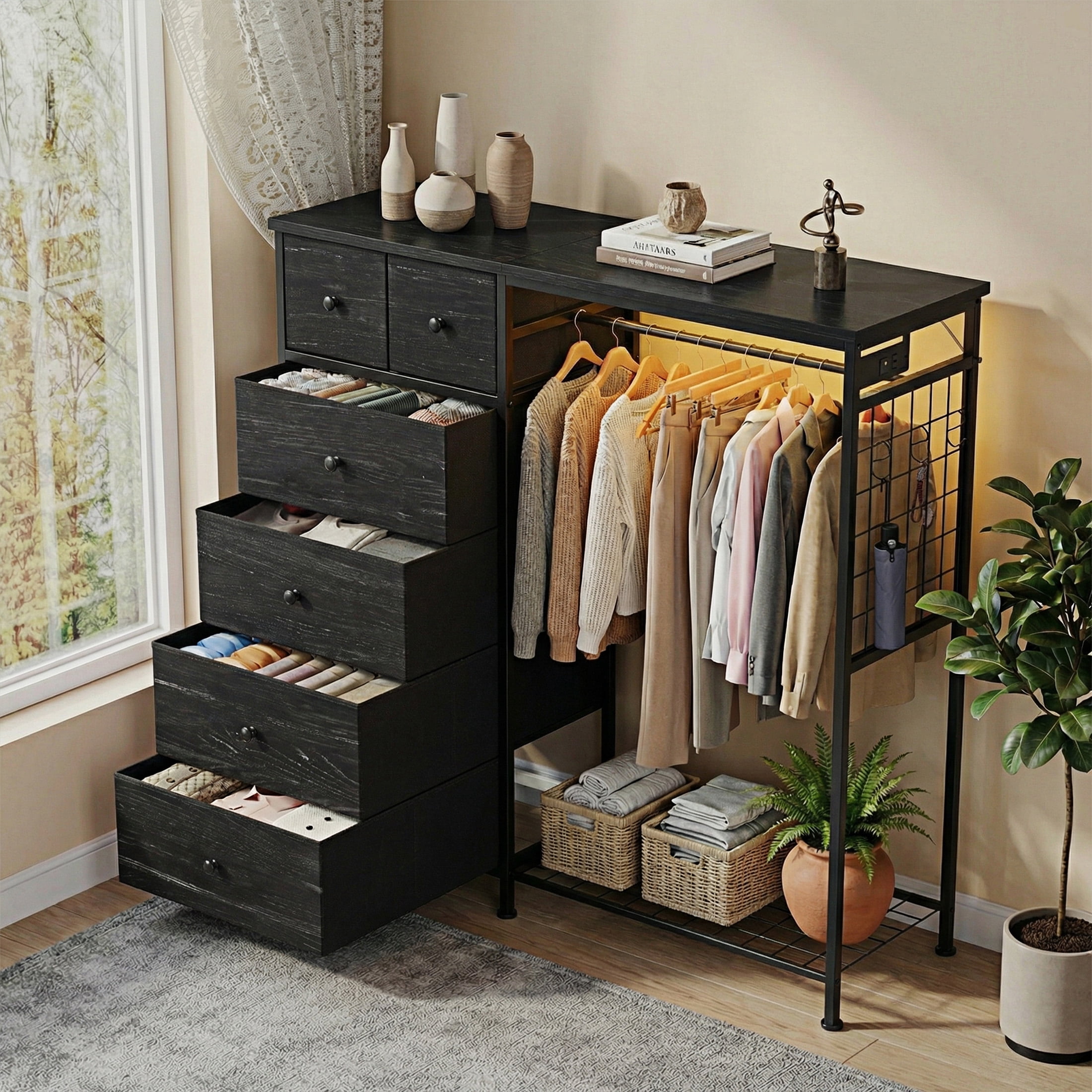 EDX 47.2" H Dresser for Bedroom with Hanging Rack, 6 Drawers Dresser with LED Lights & Charging Station, Fabric Dressers & Chest of Drawers with Rack, Wooden Top, Grid Panel,Black Wood Grain Print