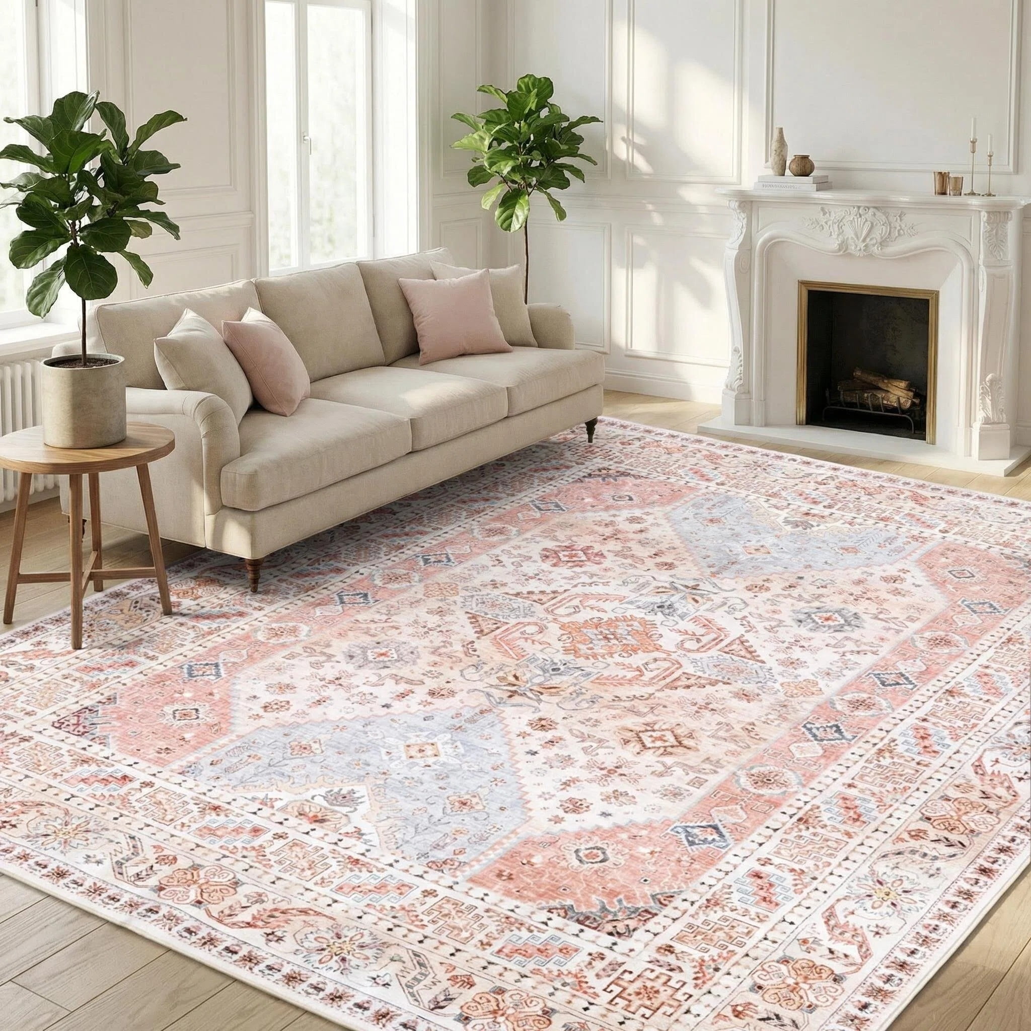 Wondiair 8x10 Cream Vintage Persian Area Rug, Machine Washable Non-Slip for Living Room, Bedroom & Dining Room
