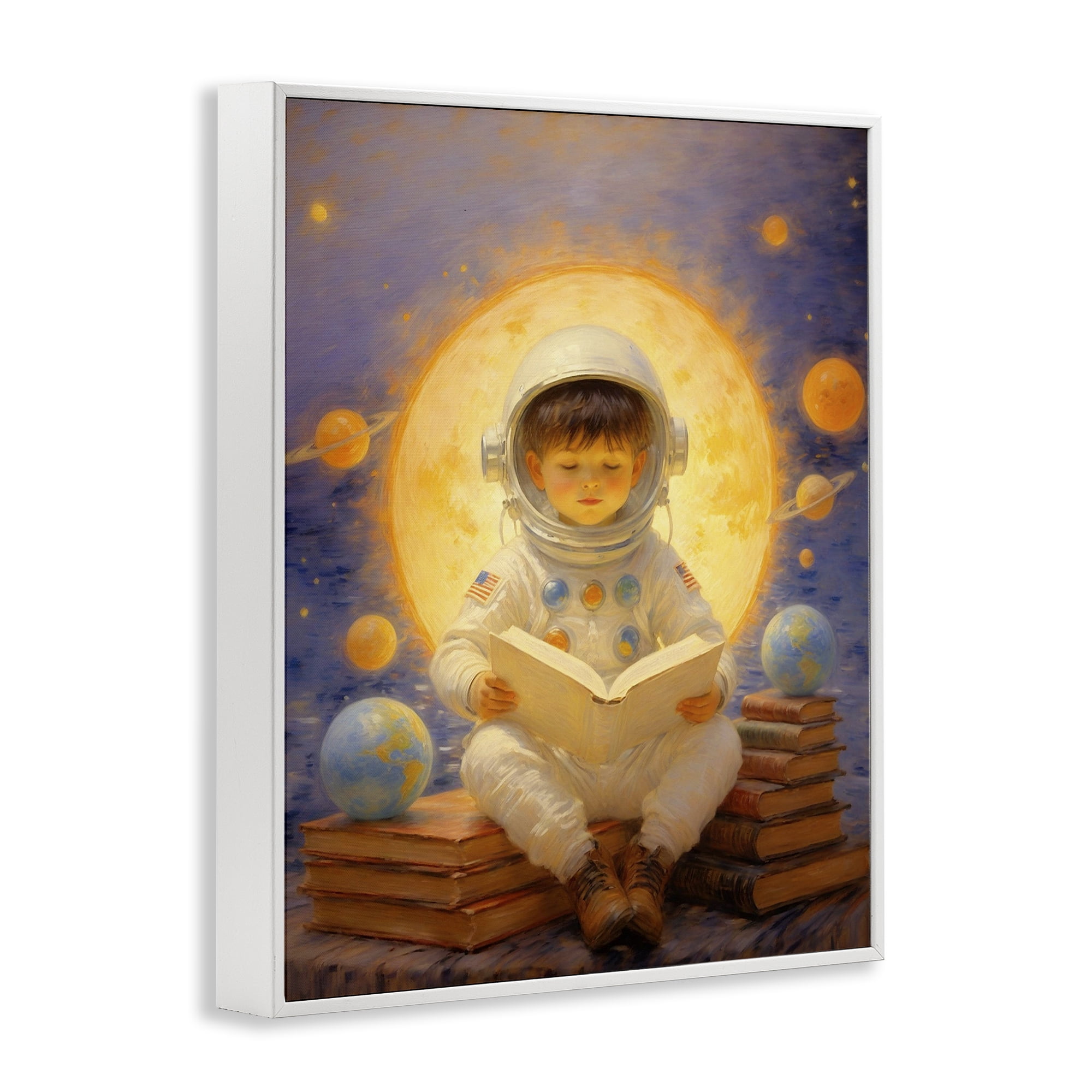 Astronaut Child Learning White Framed Giclee Art, design by Angie Hawke