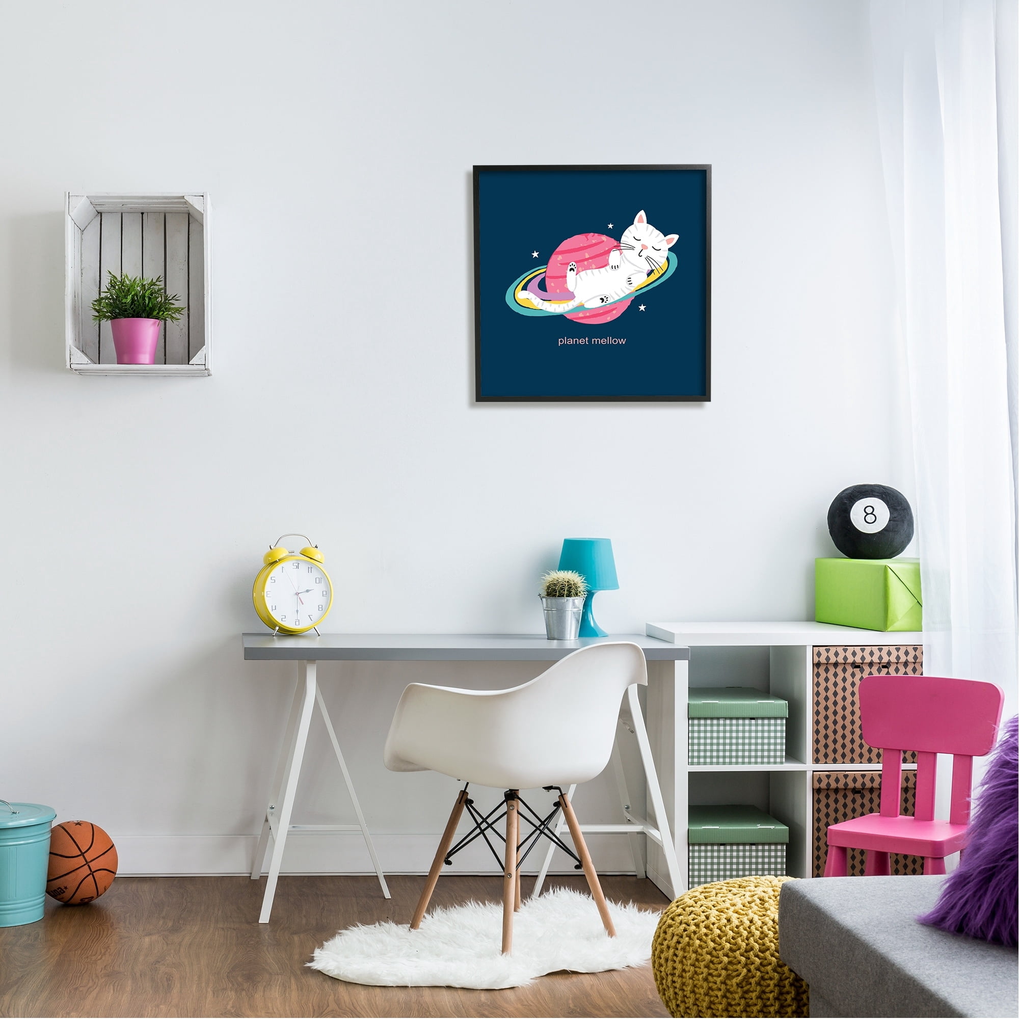 Stupell Industries Planet Mellow Tired White Cat Sleeping Saturn Rings Framed Wall Art, 24 x 24, Design by Lisa Perry Whitebutton