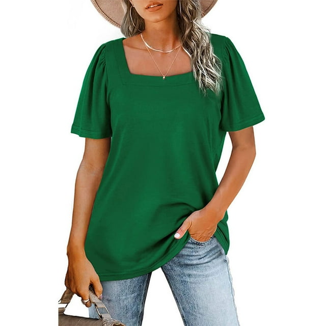 Guardurnaity Camiseta de algodón para mujer, camiseta informal con cuello cuadrado para mujer, para adolescentes, para viajes, senderismo, moda de Prendas para la parte del cuerpo Verde XXL