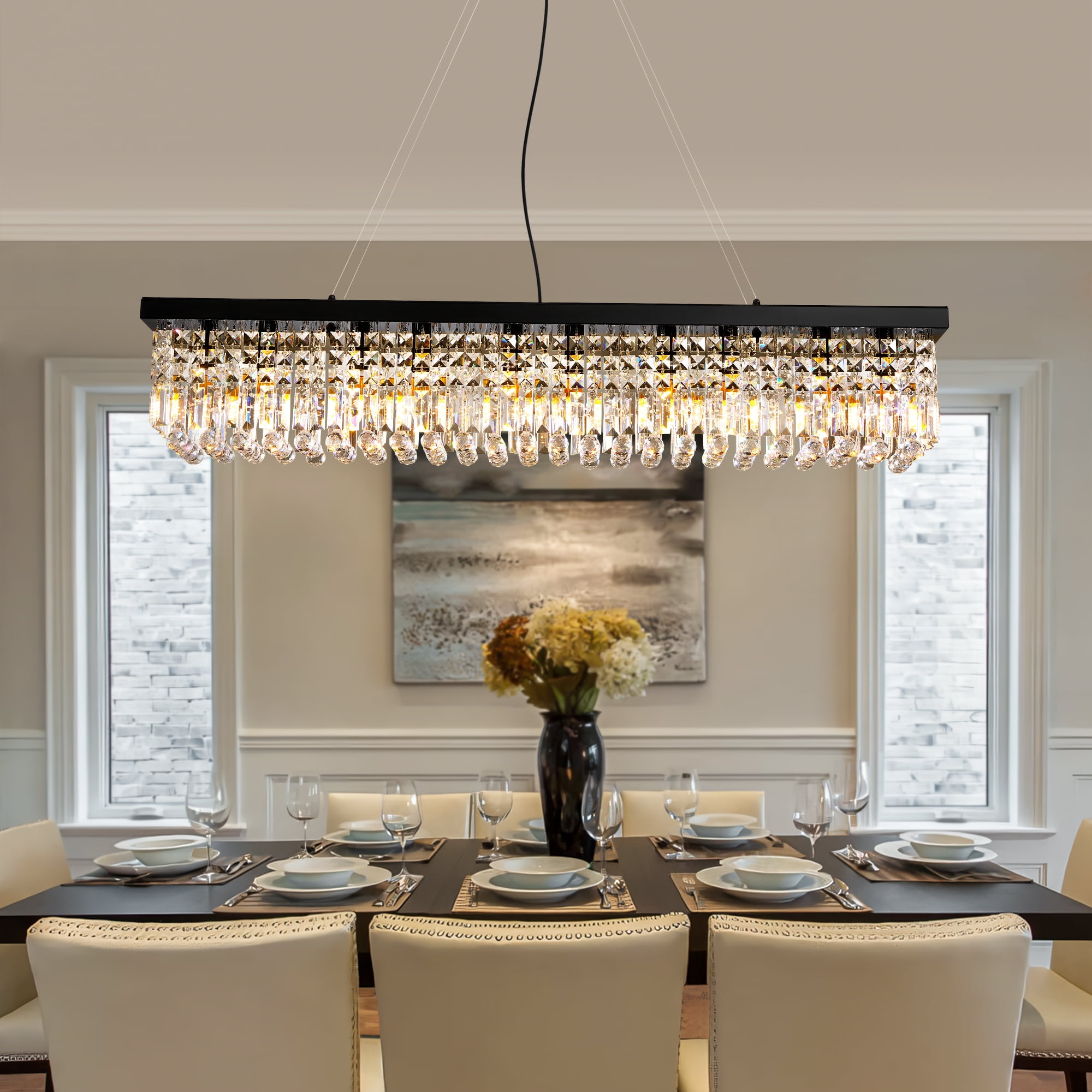 HOOMEDELIER Modern Crystal Chandelier,47" Rectangular Chandelier Pendent Light Fixture,Ceiling Chandelier for Indoor