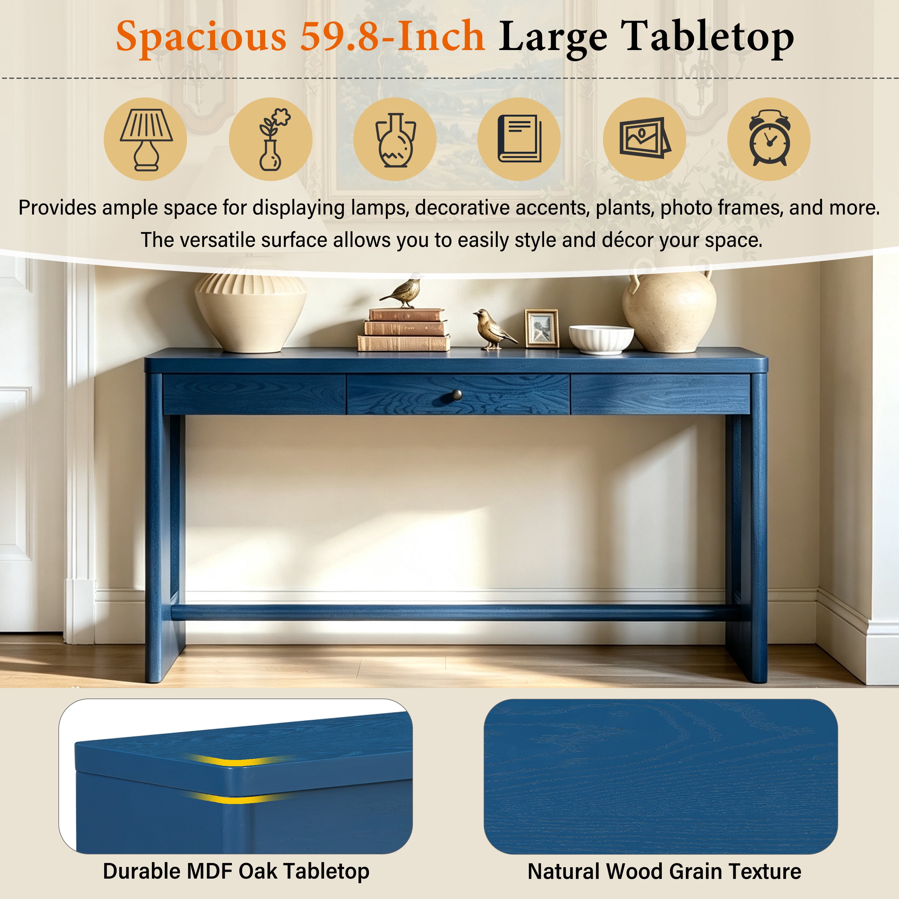 Euroco 59.8" Wood Console Table with Drawer,Modern Narrow Entryway Table with Oval Cutout Leg for Living Room, Foyer,Sofa Table Behind Couch,Navy Blue