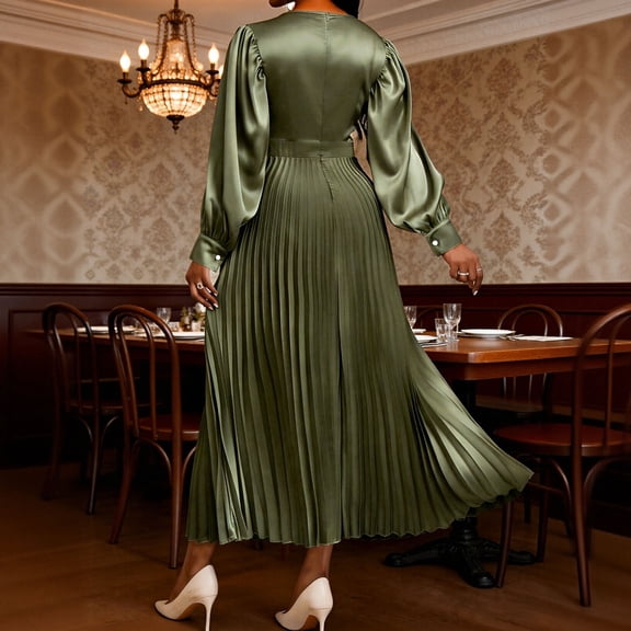ClodeEU Women's Satin Cinched Waist Long Sleeve Midi Dress, Loose Fit Pleated Casual Dress Green,Womens Plus M