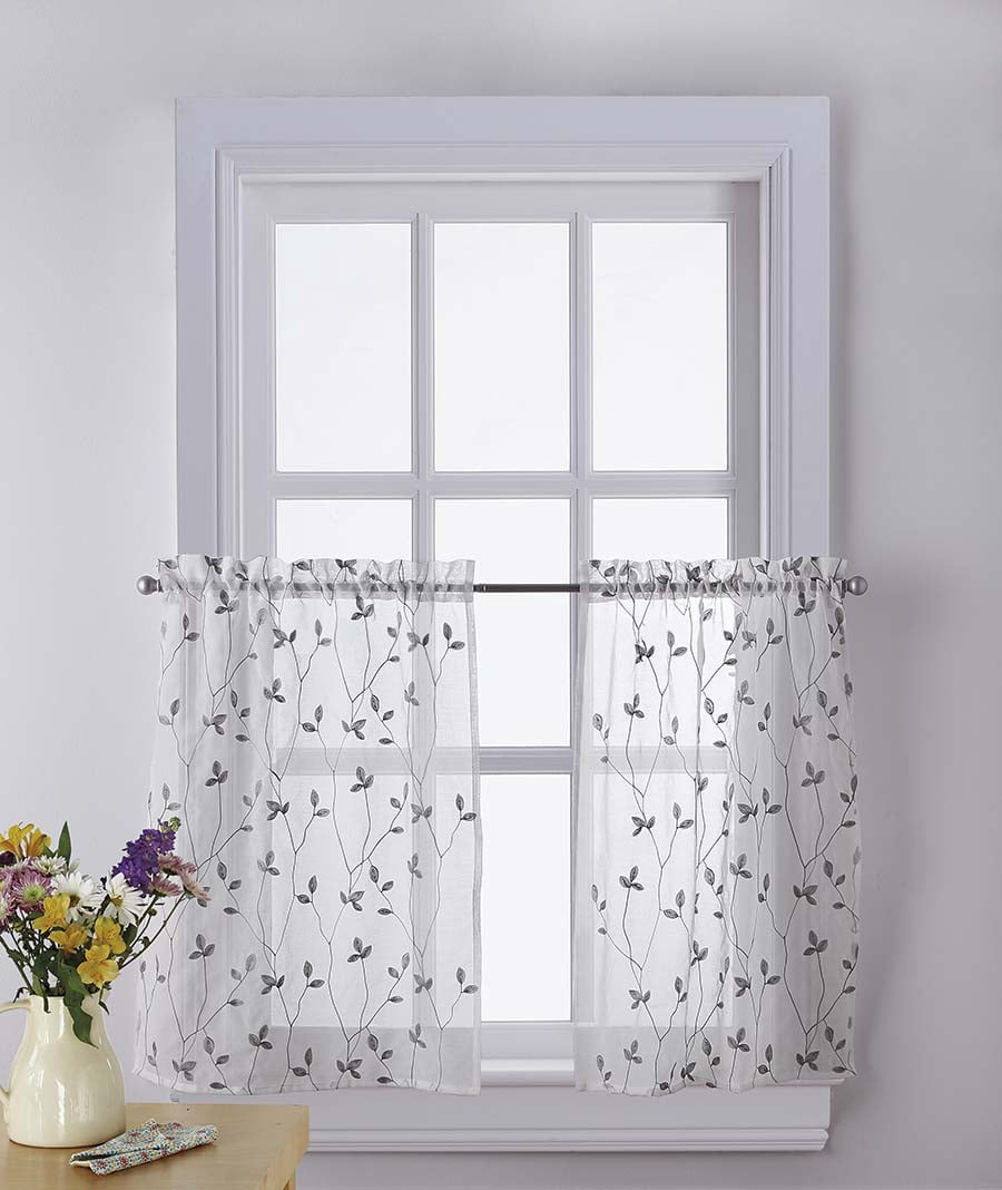CHF Botanical Embroidery Tier Curtain Pair, Indoor Light Filtering, Rod Pocket, Polyester, Gray, 56"W x 36"L, Adult