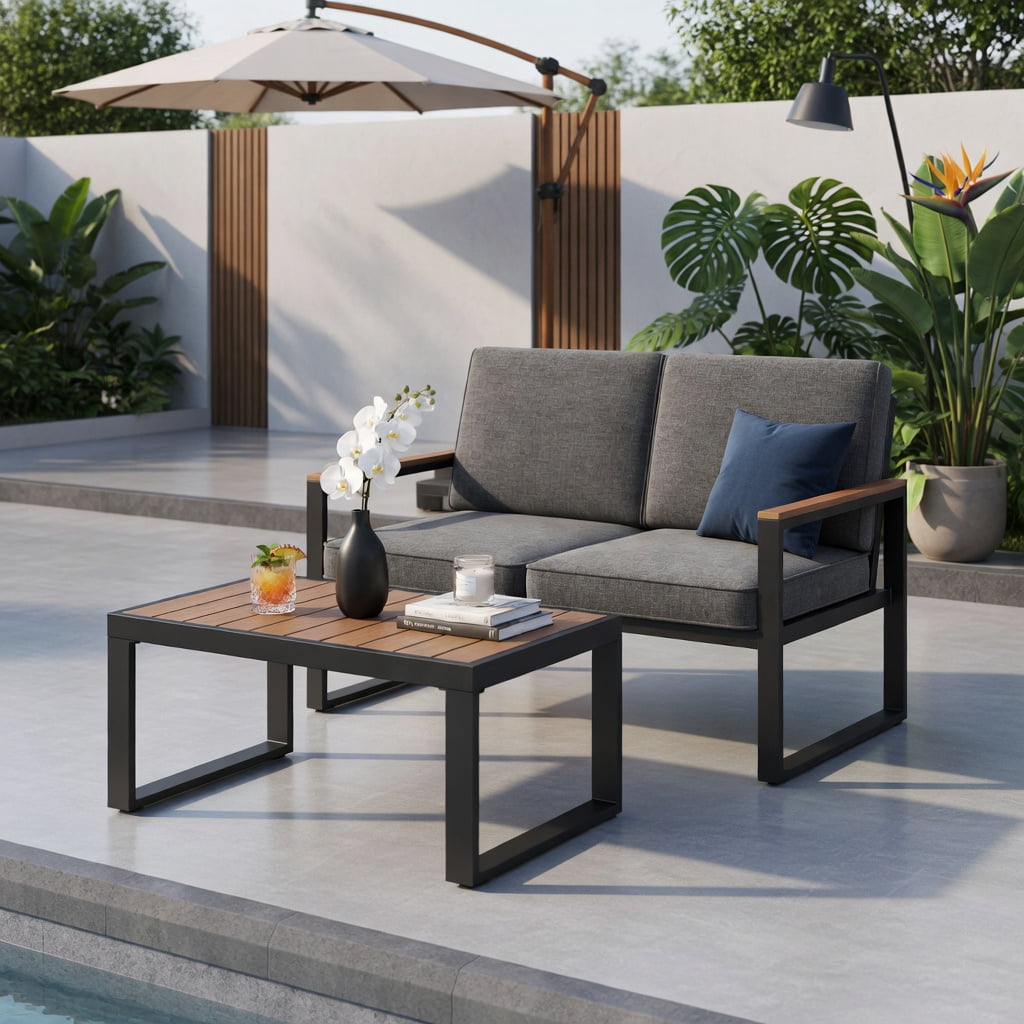 Hommoo 2-Piece Aluminum Patio Furniture Set, Cushioned Loveseat & Coffee Table with Wood-Plastic Armrests and Tabletop, Rust-Resistant Outdoor Seating for Backyard, Porch, Poolside, Gray