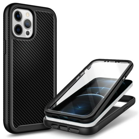 For iPhone 12 Pro Max Case, with Built-in Screen Protector, Nagebee Full-Body Protective Rugged Bumper Cover, Shockproof Durable Case (Carbon Fiber)