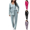 thumbnail image 3 of Women's Waffle 2 Piece Outfit Sets Long Sleeve Button Down Shirts Matching Pants Sets Beach Vacation Lounge Set, 3 of 3