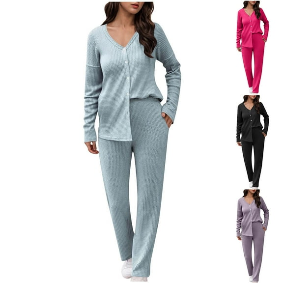 SMihono Womens Pajama Sets Long Sleeve Waffle Ribbed Knit Lounge Set Button Down Comforable Soft 2 Piece Pjs with Pockets Hot Pink L