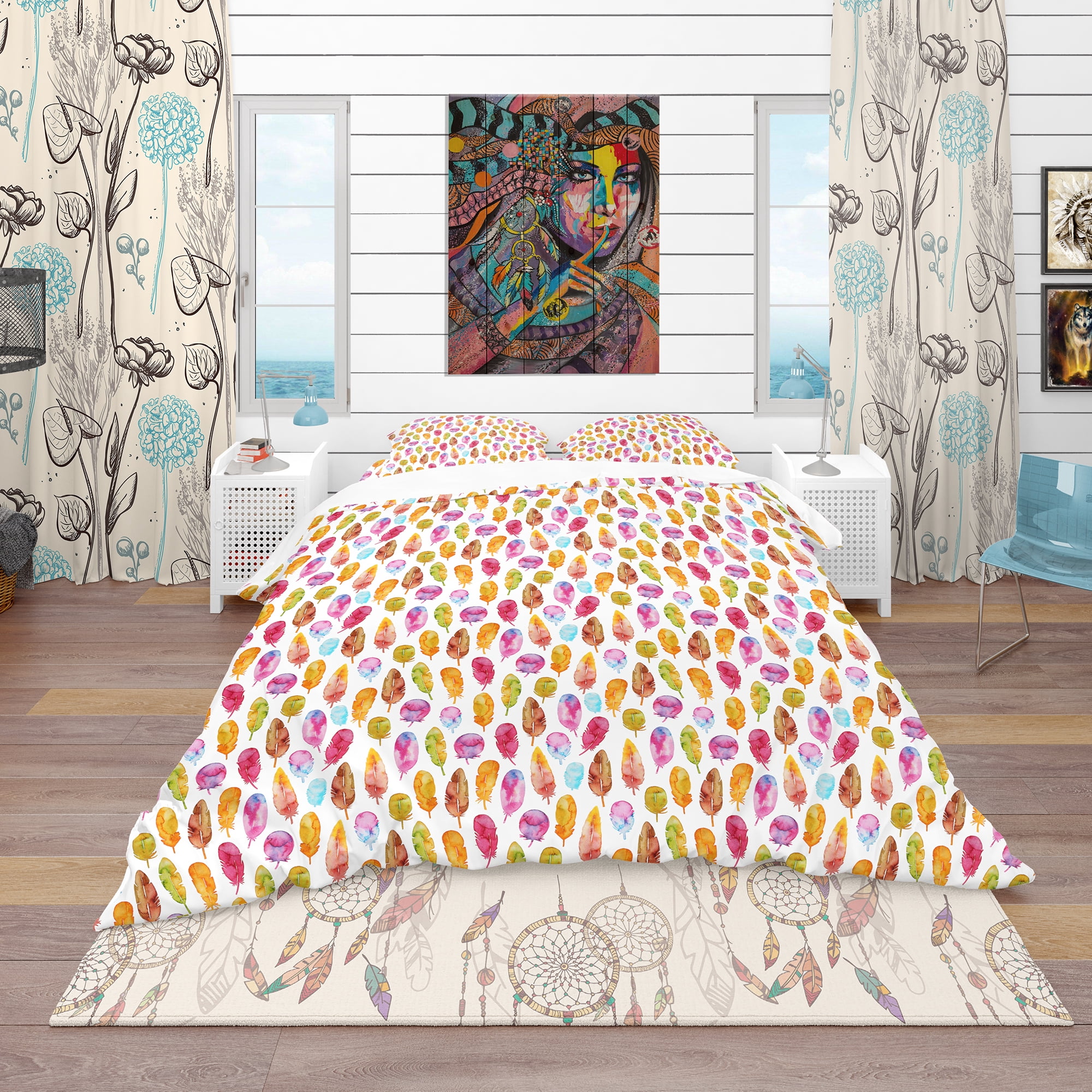 Designart 'Pattern with Colorful Feathers' Southwestern Duvet Cover Set