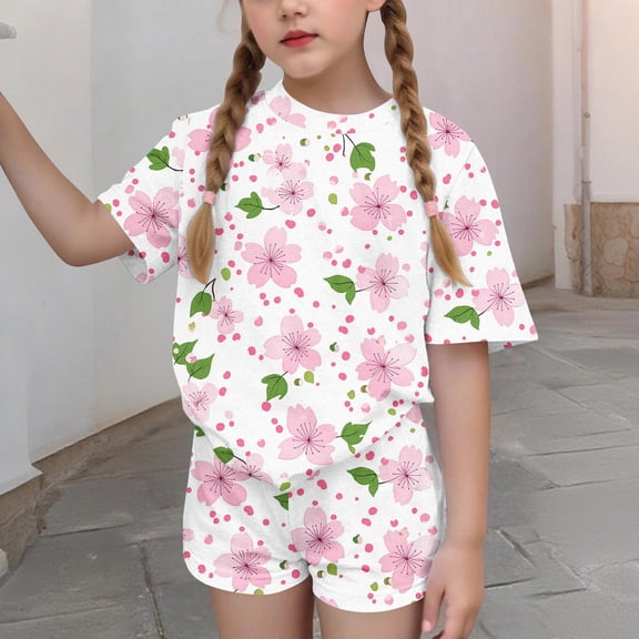 Cethrio Girls Summer Outfit Sets, Short Sleeve Casual 2 PC Soft Kids' Clothing Sets Multicolor Size 5T