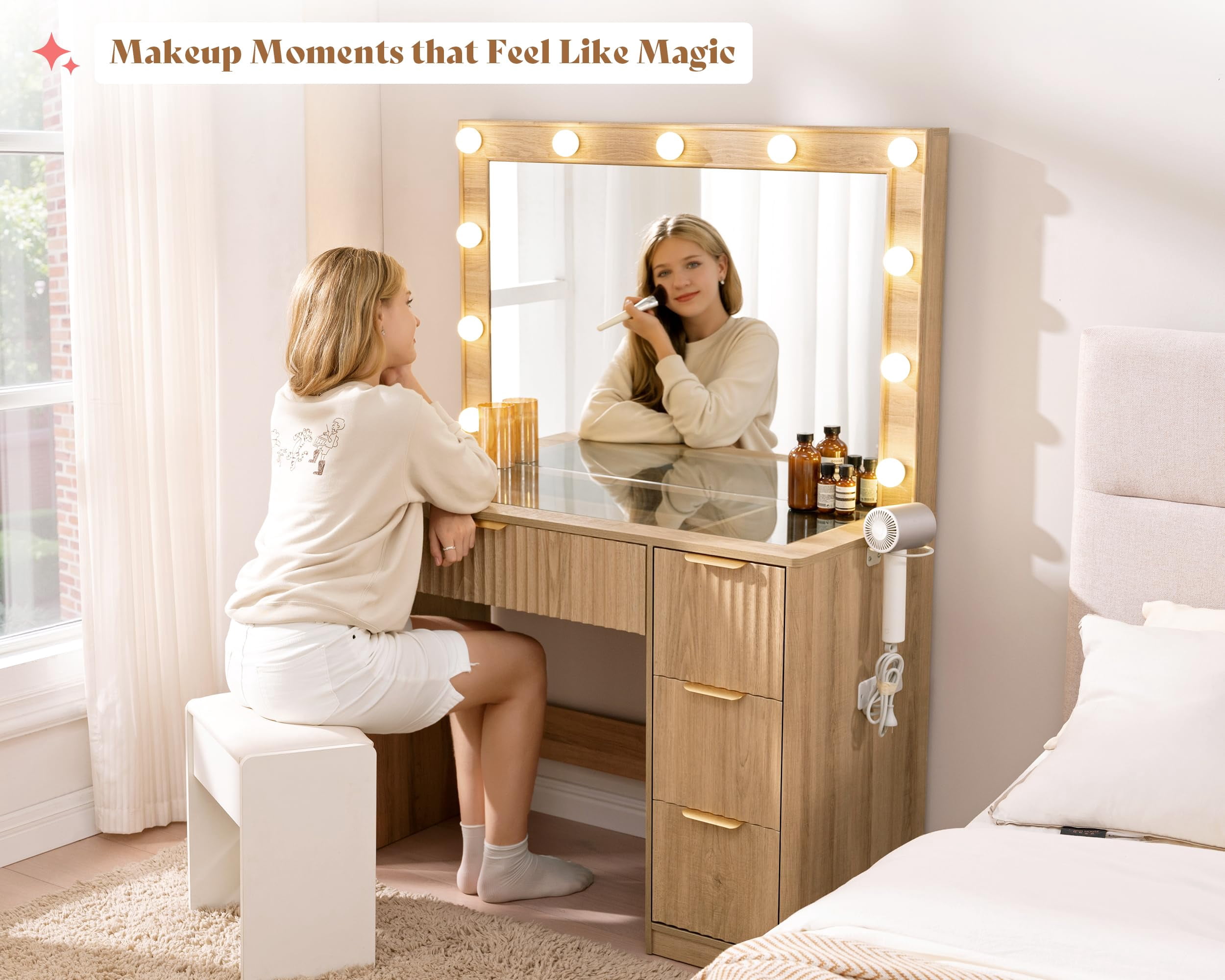 Merluxy 36.2" Girls Vanity Desk with Large Mirror and LED Lights, 4 Drawers Makeup Table with Glass Top and Charging Station for Women and Girls, Oak