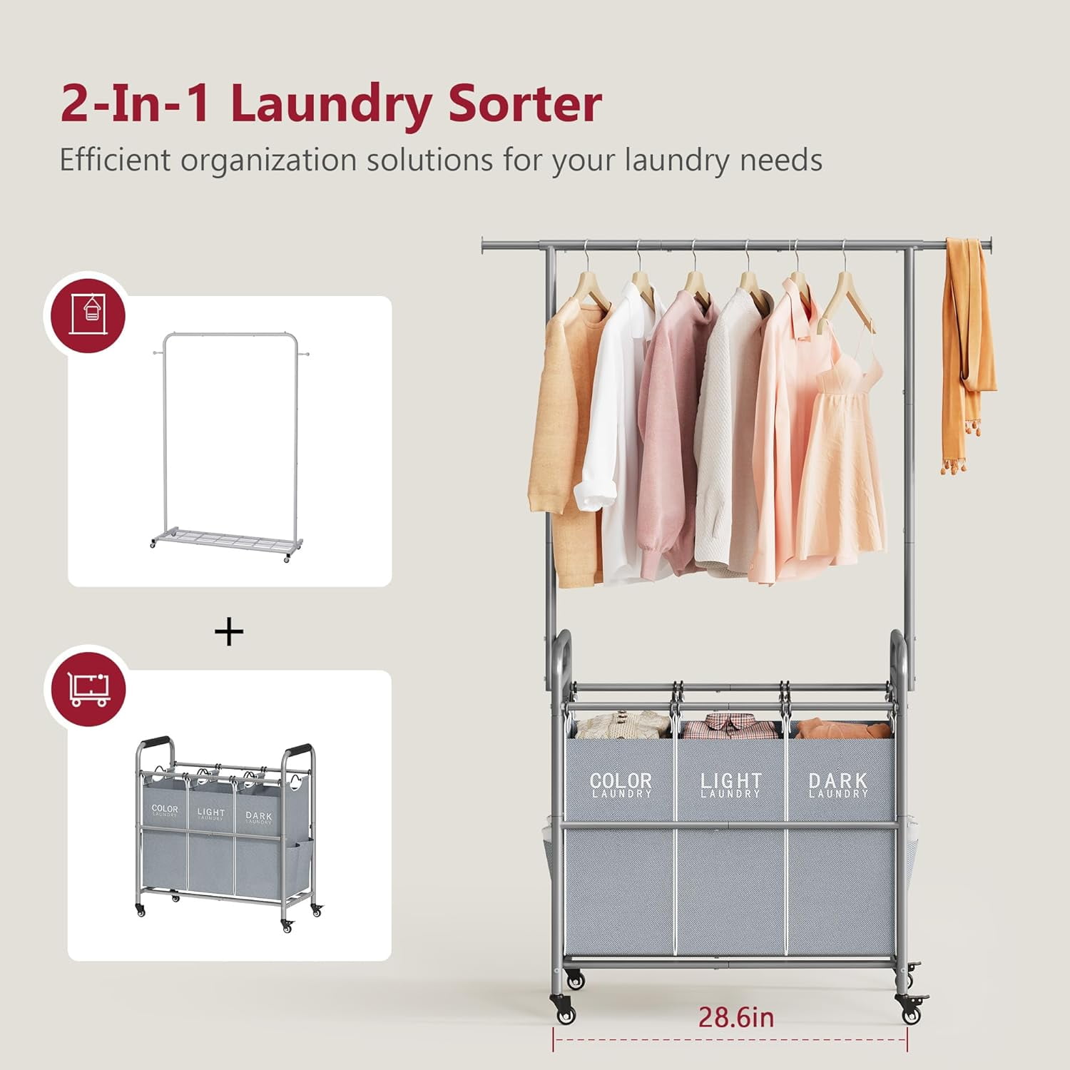 Laundry Sorter with Hanging Bar, 3 Section Rolling Laundry Hamper with Heavy Duty Lockable Wheels, Laundry Basket with Hanging Rack for Bedroom, 3 Gray