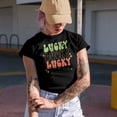 thumbnail image 2 of Lucky, Lucky, Lucky Vibes, Groovy Text, St. Patrick's Day Merch Gift, Black T-Shirt, Medium, 2 of 5