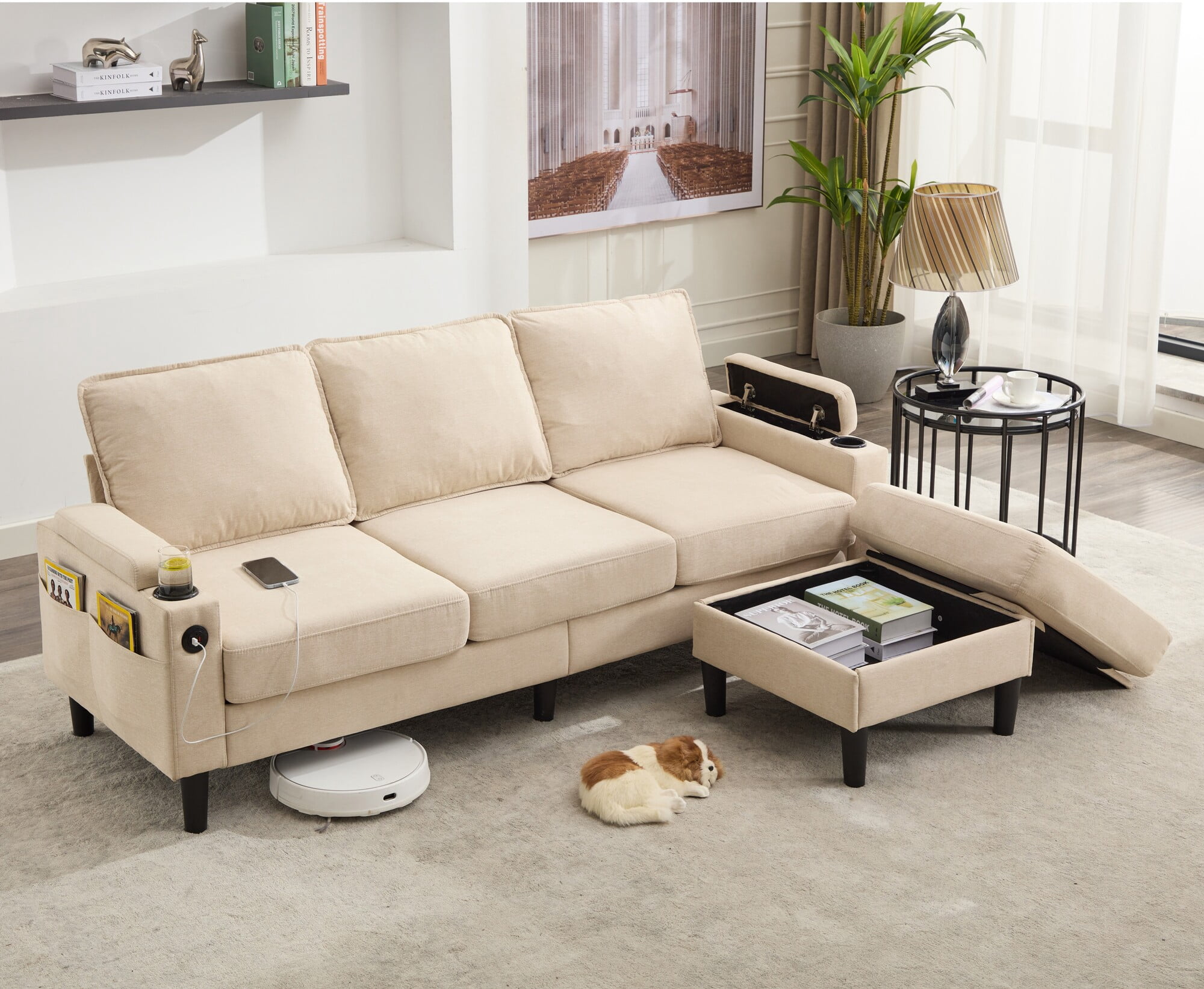 JONPONY 68.5" 3-seat combo sofa with storage ottoman for living room apartment bedroom and compact room, Upholstered sectional Couch，Beige