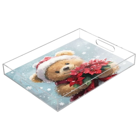 WOBOGO Teddy Bear Holding Flowers Acrylic Serving Trays 15.7x11.8 Inch Spill Proof Clear Decorative Organizer with Handle