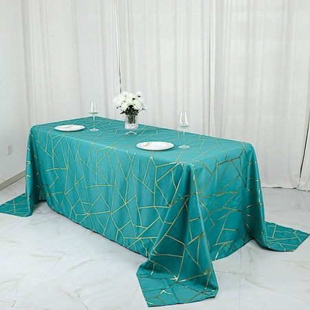

BalsaCircle 90 x 132 Teal Gold Metallic Geometric Design Polyester Rectangle Tablecloth Event