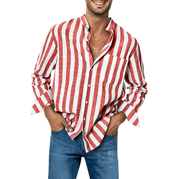 SHIXIAOO Mens Fashion Casual Striped Linen Buckle Collar Pocket Long Sleeve Shirt Top Short Sleeve Pullover Men Print Sleeve Bodysuit Short Romper with Button 70s Shirts Men Casual Button down Shirt
