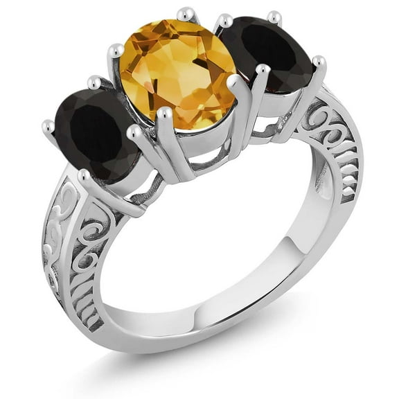Gem Stone King 925 Sterling Silver Yellow Citrine and Black Onyx 3-Stone Women Ring (3.10 Ct Oval, Size 9)