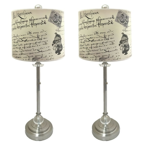 Royal Designs 28" Crystal and Brushed Nickel Buffet Lamp with Vintage Letter Caligraphy Design Hard Back Lamp Shade, Set of 2