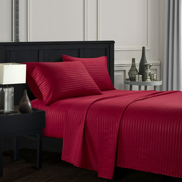 YYAO Full Size Luxurious Striped Sheet Set for Home Hotel, 4 Piece, Wine Red