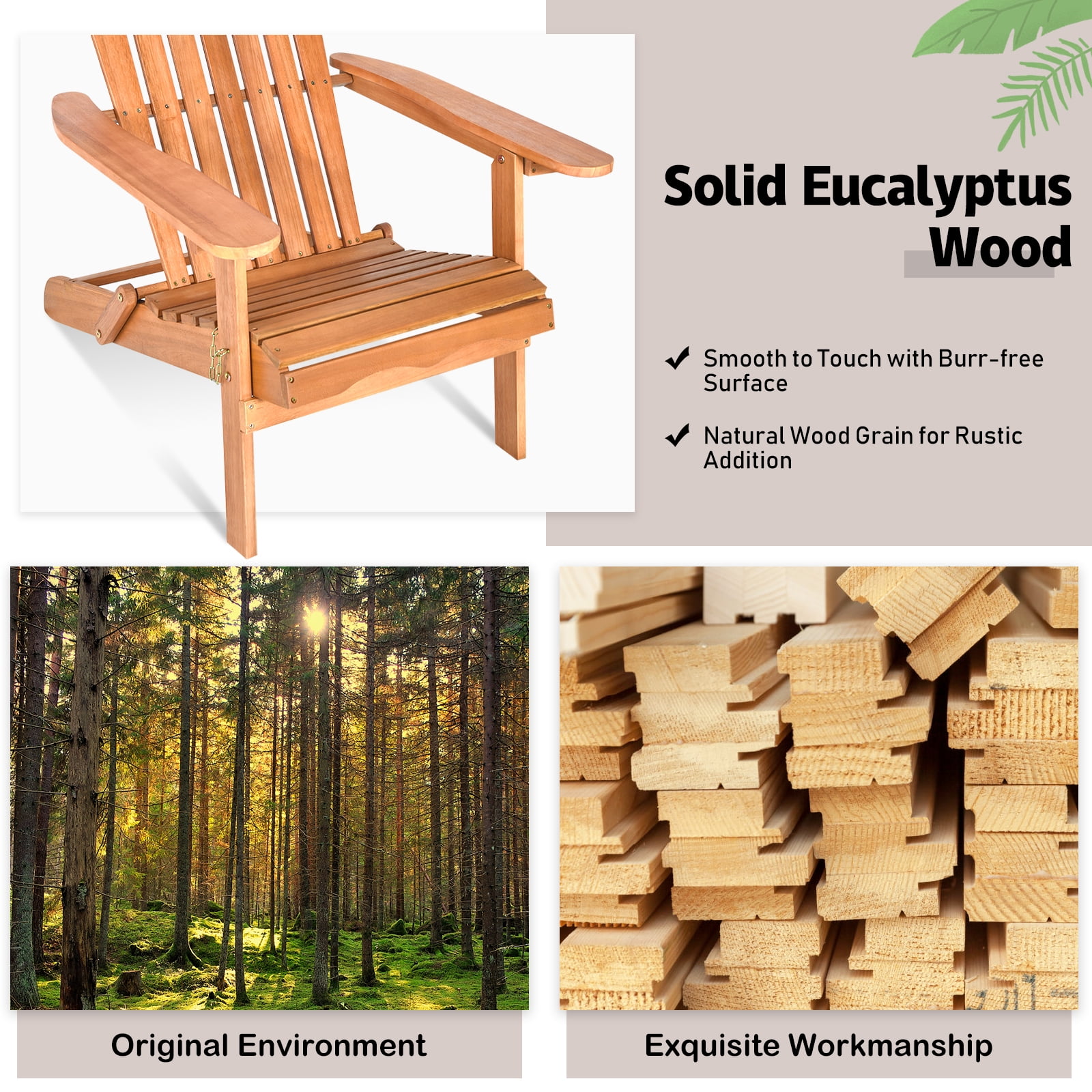 Patiojoy Outdoor Foldable Adirondack Chair Patio Recliner Eucalyptus Wood