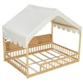thumbnail image 6 of Harper & Bright Designs Full Size Floor Bed with LED Light, Wooden House-Shaped Floor Bed with Storage Bookshelves Fense and Curtain for Boys Girls, Natural+Beige, 6 of 13