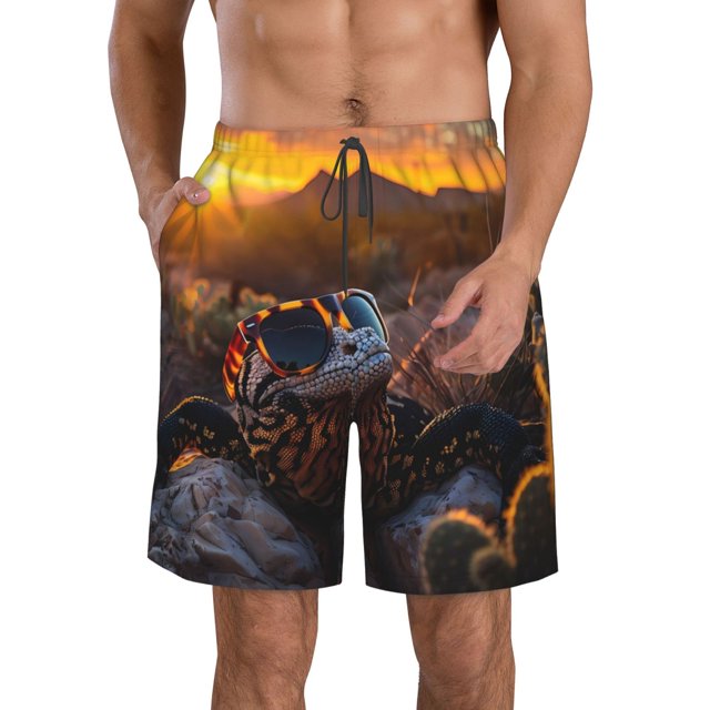 Balery Lizard With Sunglasses Sunset Traje de Baño Estilo Hawaiano para Hombre, Shorts de Secado Rápido con Bolsillos-X-Large