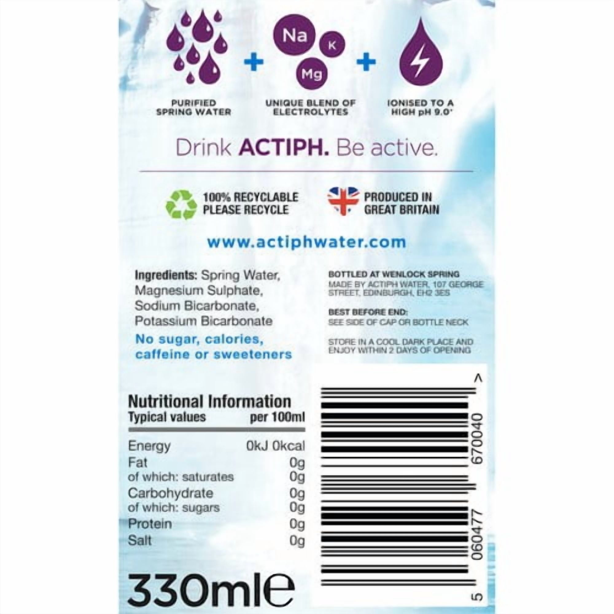 ACTIPH Alkaline Ionised Water Glass Bottle 330ml, British Import (Pack of 6)