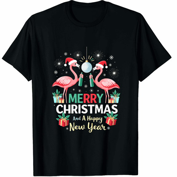 Merry Christmas & A Happy New Year Fireworks Flamingo Lover T-Shirt (Men's, Women's)