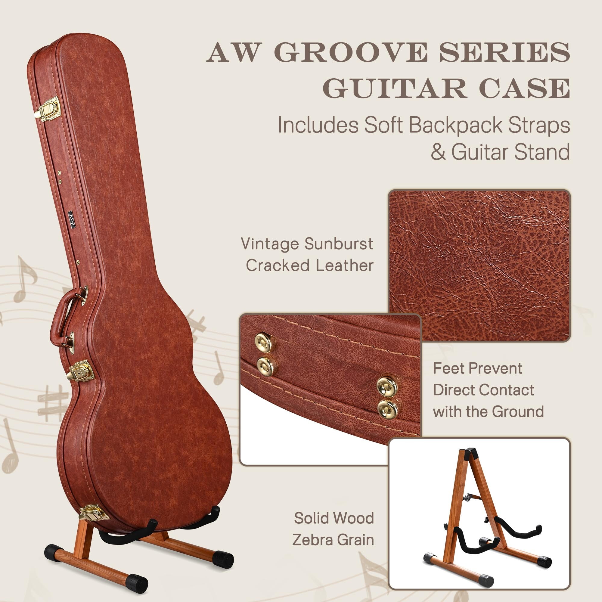 Yescom Les Paul Electric Guitar Hard Case with Backpack Strap & Folding Stand Fits for LP Style, Groove Series Vintage Sunburs