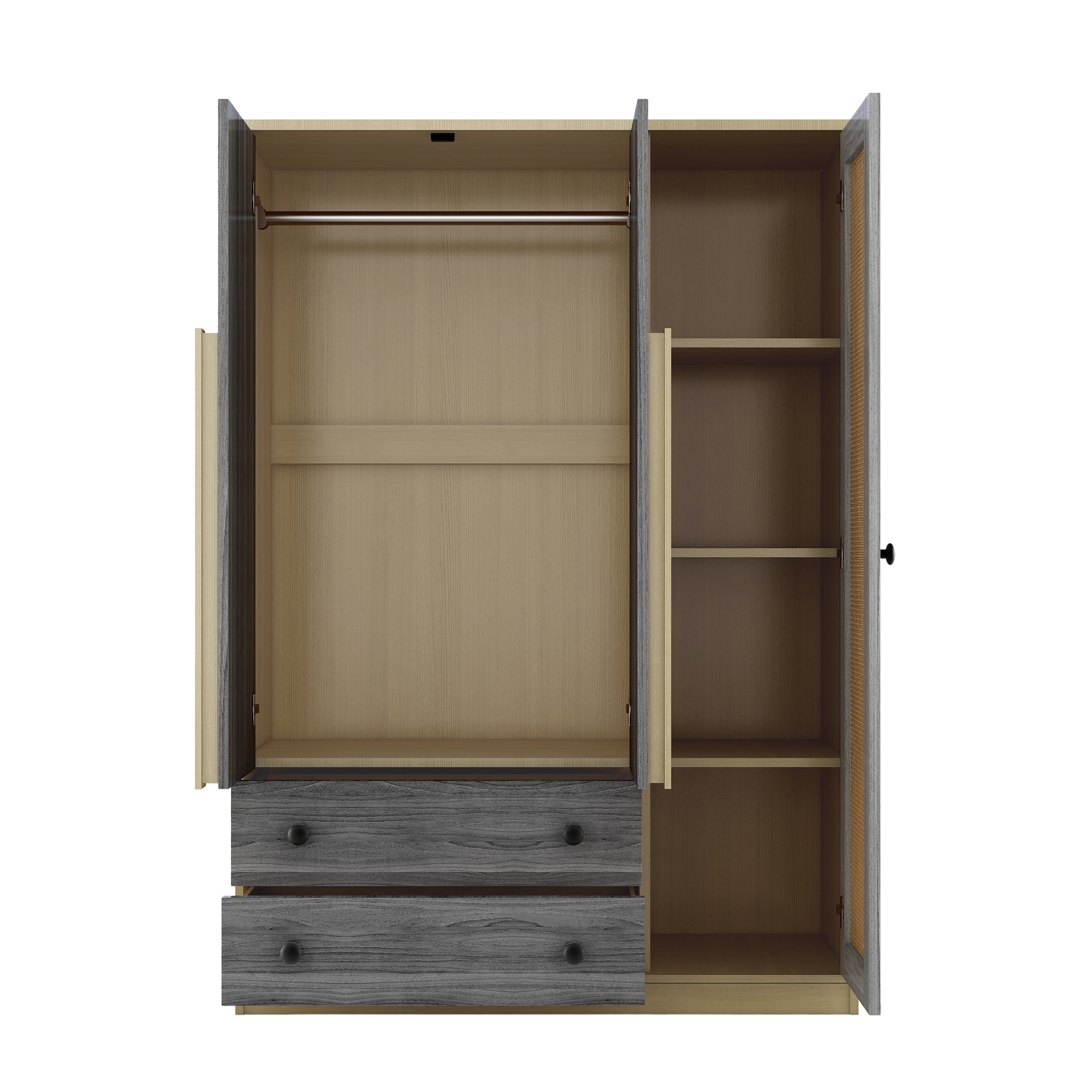 3-Doors Wooden Rattan Wardrobe Closet Storage, Wardrobe Armoire with 2 Drawers for Bedroom