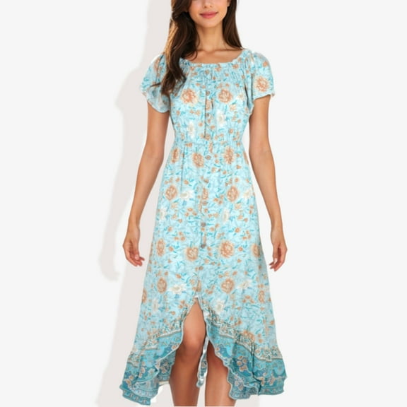Women's Open Gathered Neck Short Sleeve Gathered Waist Open Tulip Hem Dress - Small, Teal