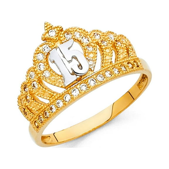 Crown 15 Quinceanera Ring Solid 14k Yellow Gold Princess Quince Band CZ Tiara Stylish Polished