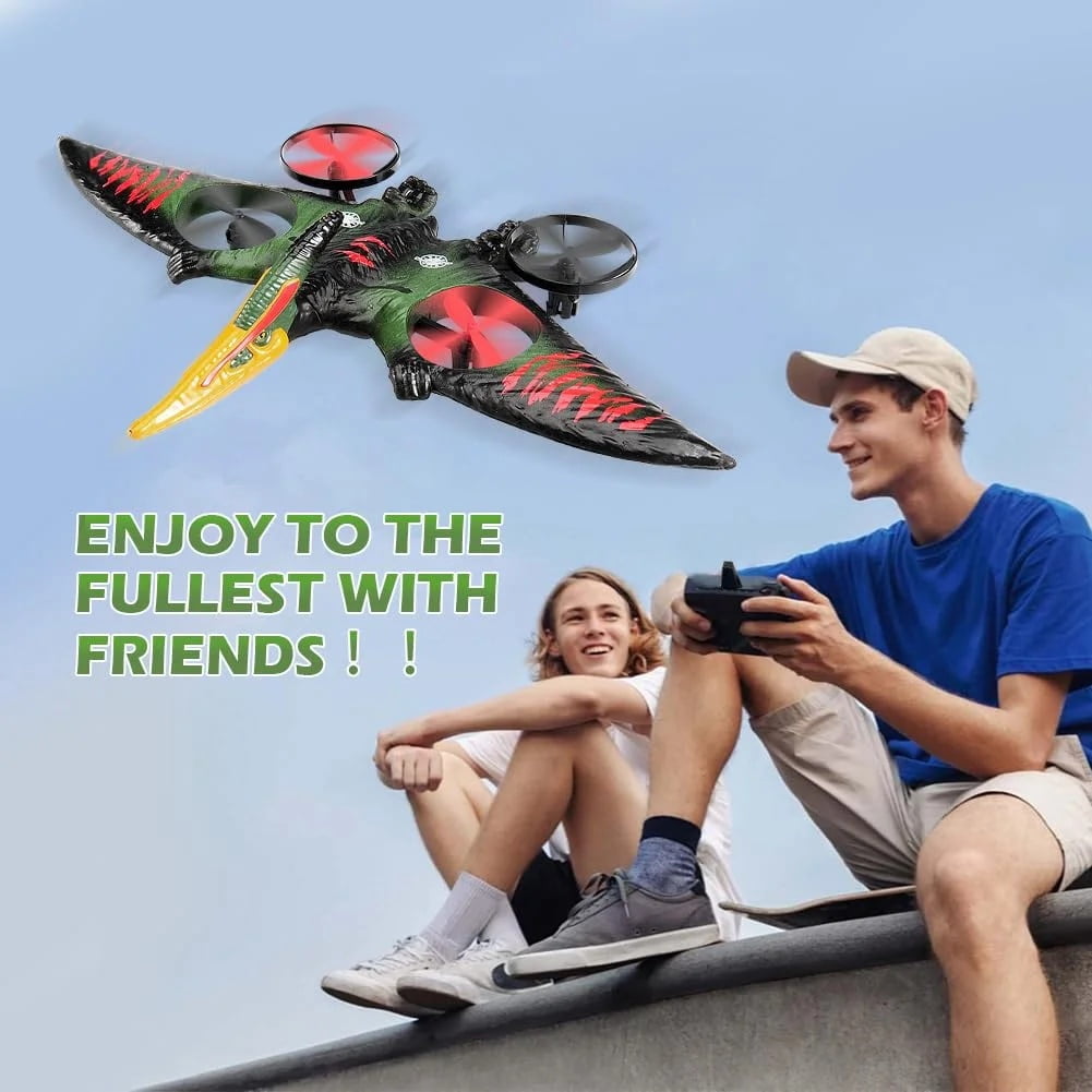 Remote Control Dinosaur Plane Drone  Flying Helicopters Toys with LED Light, Birthday Gifts for 5-12 Years Kids-Green