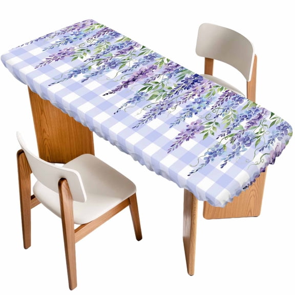 Purple Flowers Table Cloths for 8 Foot Rectangle Tables, Weeping Spring Floral Checkered Pastoral Patio Waterproof Elastic Fitted Tablecloths, Washable Rectangular Table Cover for Camping