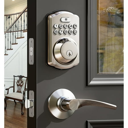 Veise Keyless Entry Door Lock with 2 Handles ‎Set, Keypad Deadbolt Smart Door Locks, Electronic Digital Lock for Home Front Door Easy Installation-Satin Nickel