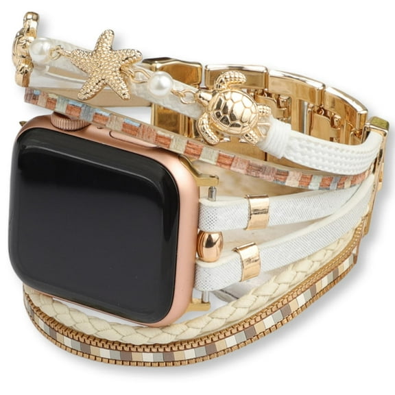 Multi-Strand Leather Bracelet Watch Band with Sea Turtle & Starfish Charms, Adjustable Metal Links Wristband Compatible with Apple Watch 49 46 45 44 42 41 40 38 mm Series 10 9 8 7 6 5 4 3 2 SE Ultra