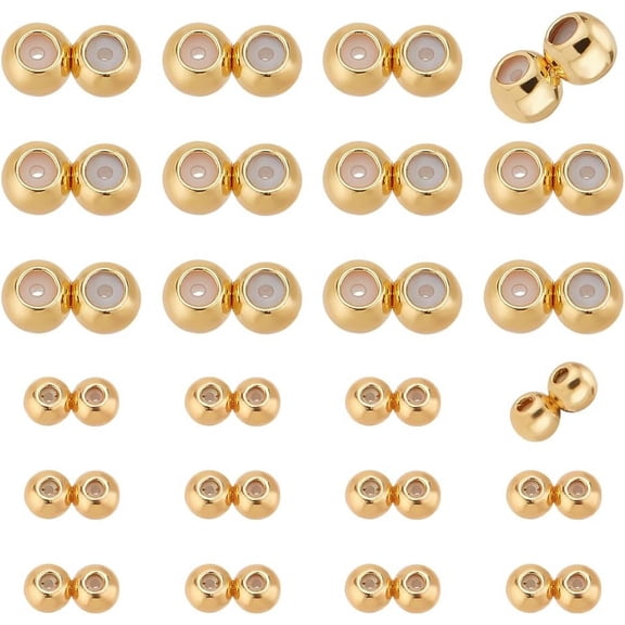 18K Gold Stopper Beads 24pcs Double Hole Beads Silicone Slider Beads Brass Rubber Beads Adjustable Round Beads Positioning Spacer Beads for Jewelry Bracelet Necklace Making Real 18K Gold Plated