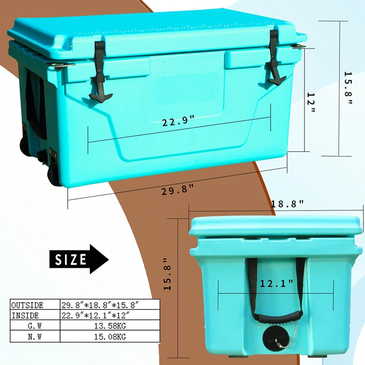 65QT Portable Cooler with Wheels, Outdoor Ice Chest Box for Fishing Party Beach Drink Beverage Camping Picnic Boat Barbecue
