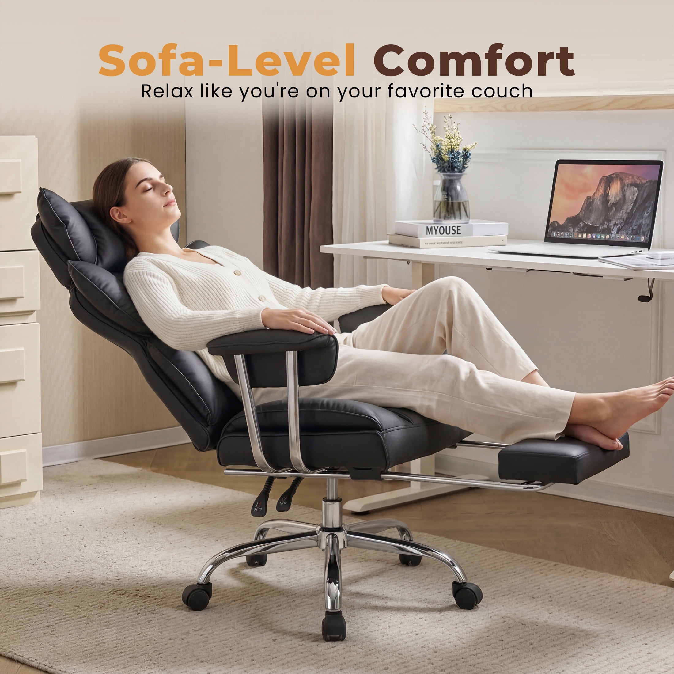 CONCETTA Ergonomic Big and Tall Office Chair, Scratch-Resistant PU Leather Executive Desk Chair with Spring Lumbar Support Black