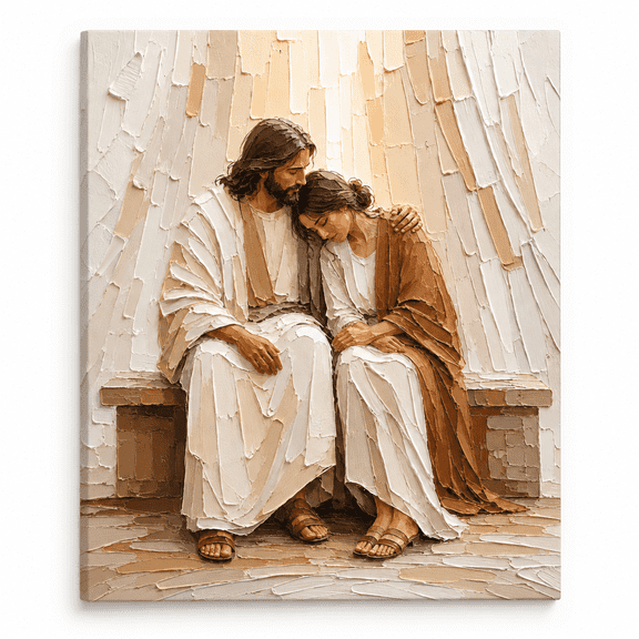 Framed Christian Jesus Comforting Woman Wall Art, Textured Impasto-Style Canvas Print, Neutral Religious Home Decor, 8 x 10 in
