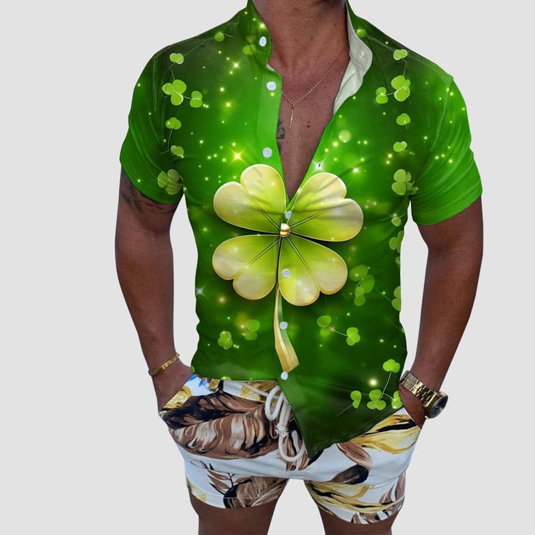 Ibiyuan Mens Slim Fit Dress Shirt St Patricks Day Clover Graphic Short Sleeve Green Button Down Lapel Tee Tops Summer Beach Vacation Tops, Men's, Size