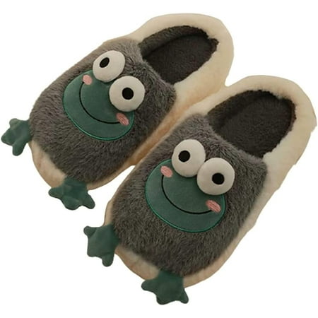 

PIKADINGNIS Cute Trick Frog Furry Slippers for Women Men Fluffy Fur Lining Soft Cozy New House Shoes Indoor Outdoor