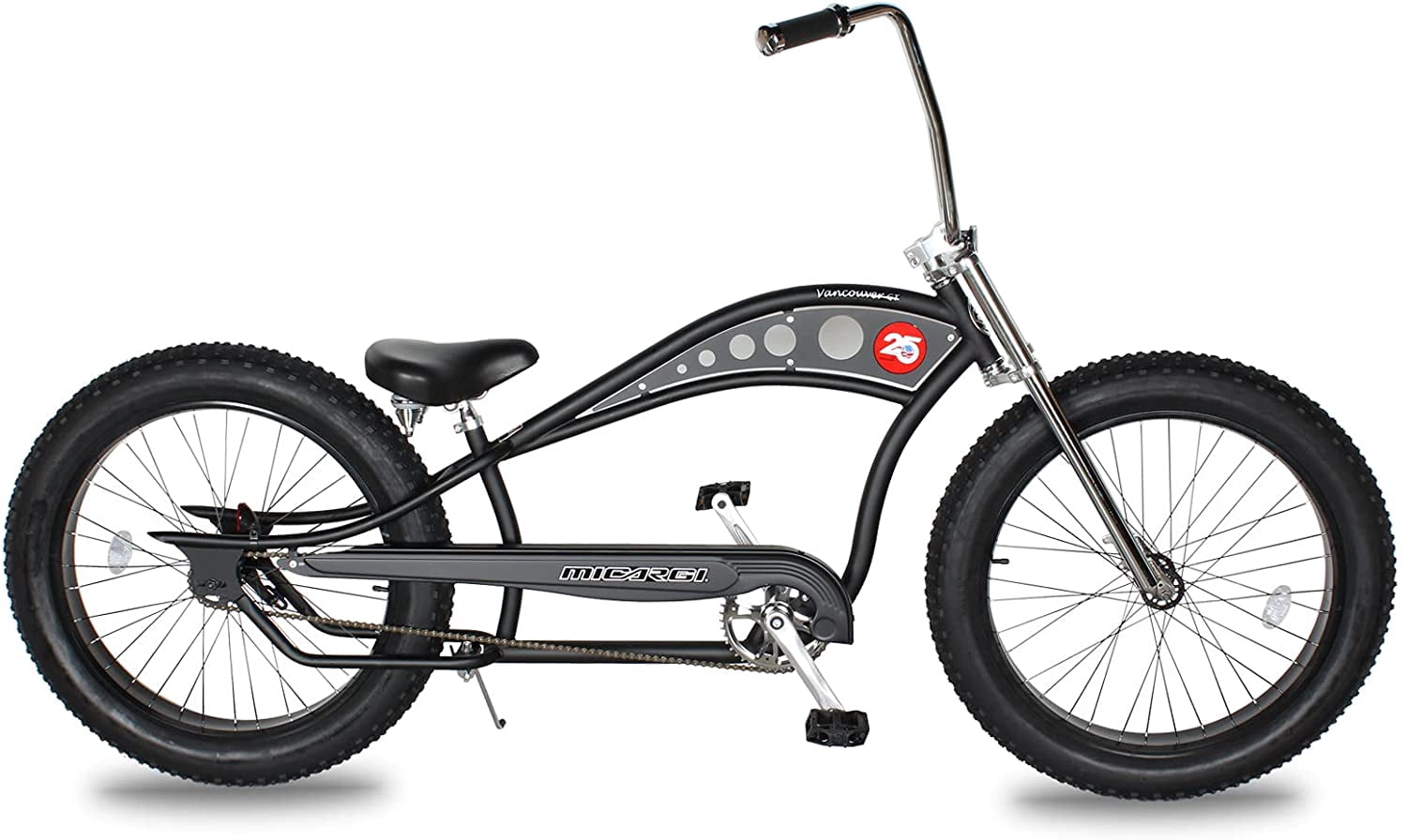 WonderWheels 26" Stretch Cruiser Coaster Brake Triple Tree Fork, Handlebars Hi-rise, Alloy Black Rims. 26x3.0 26H Black Tire - Matte Black